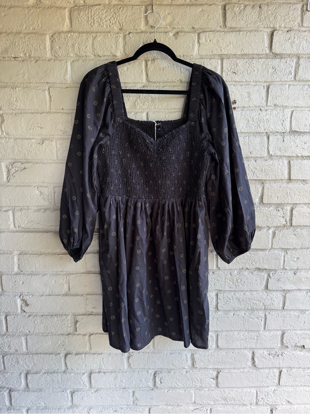 MADEWELL Sz L Smocked Square-Neck Long-Sleeve Mini Dress - Black with Gold Dots